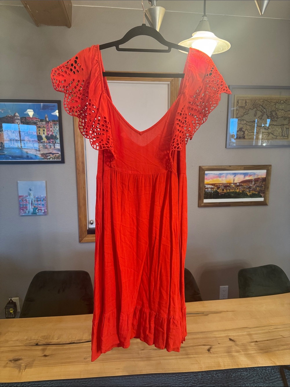 Promod Red Eyelet Flutter-Sleeve Midi Dress